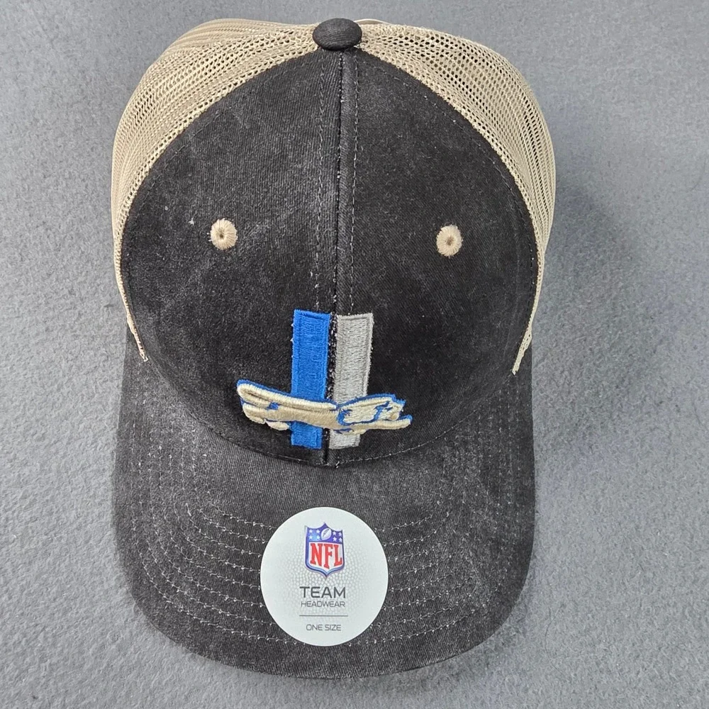 Detroit Lions NFL Team Headwear Trucker Hat Black Tan Mesh Strapback Cap NWT